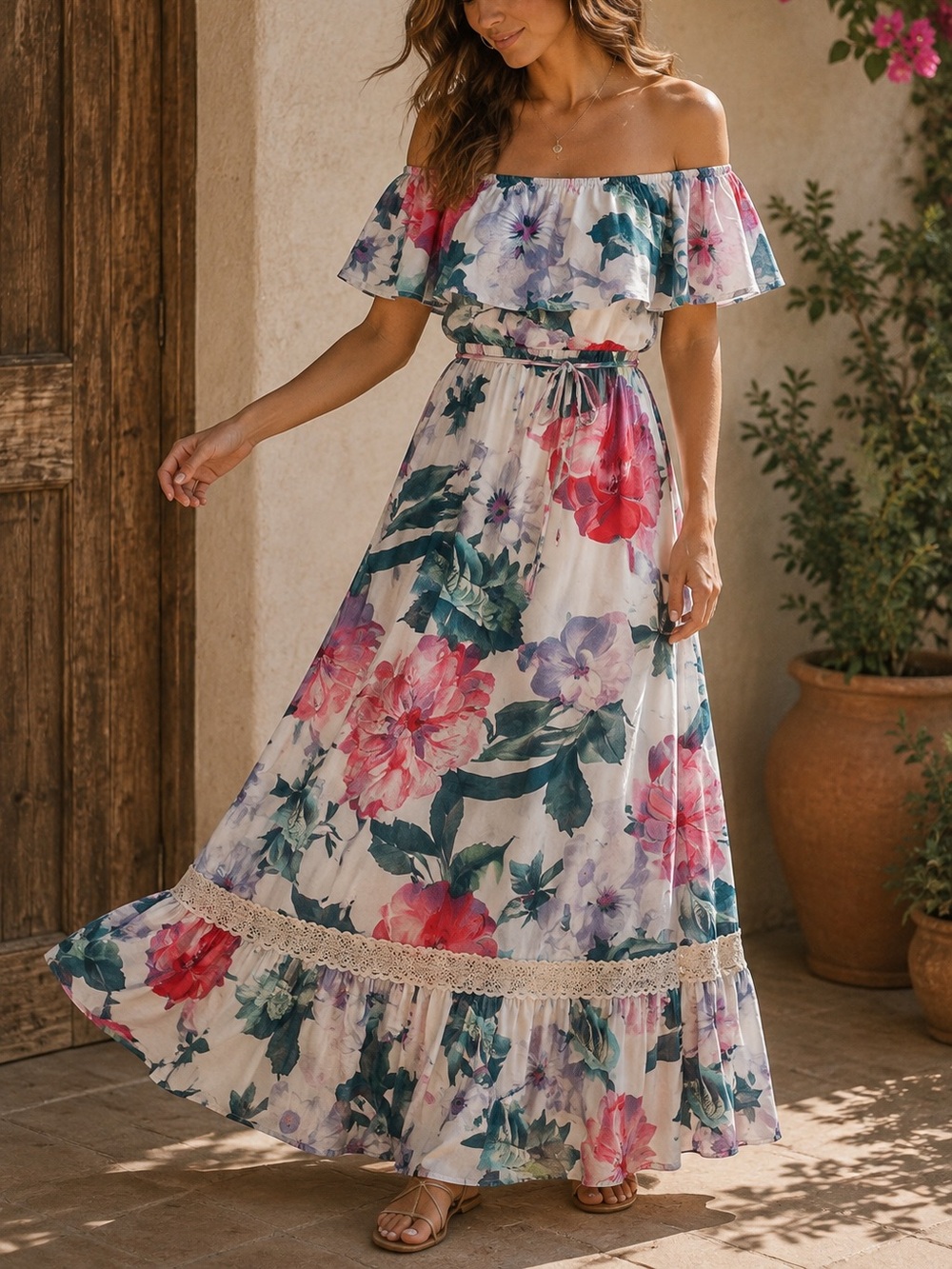 Umgee Sz S Maxi Floral Ruffled Lace Dress Off Shoulder Tropical Cotton Blend